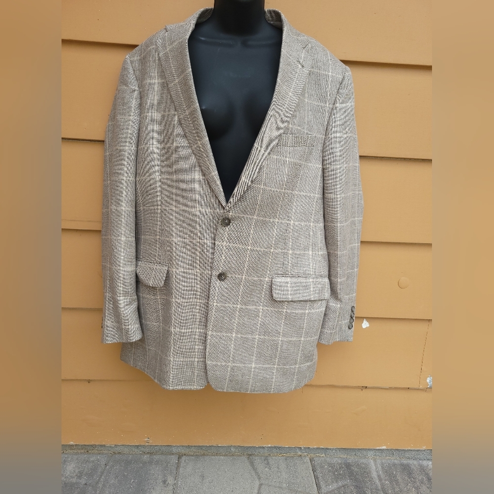 Jos A Bank Blazer Jacket Sport Coat Tailored Fit 44L Windowpane Wool Silk Linen